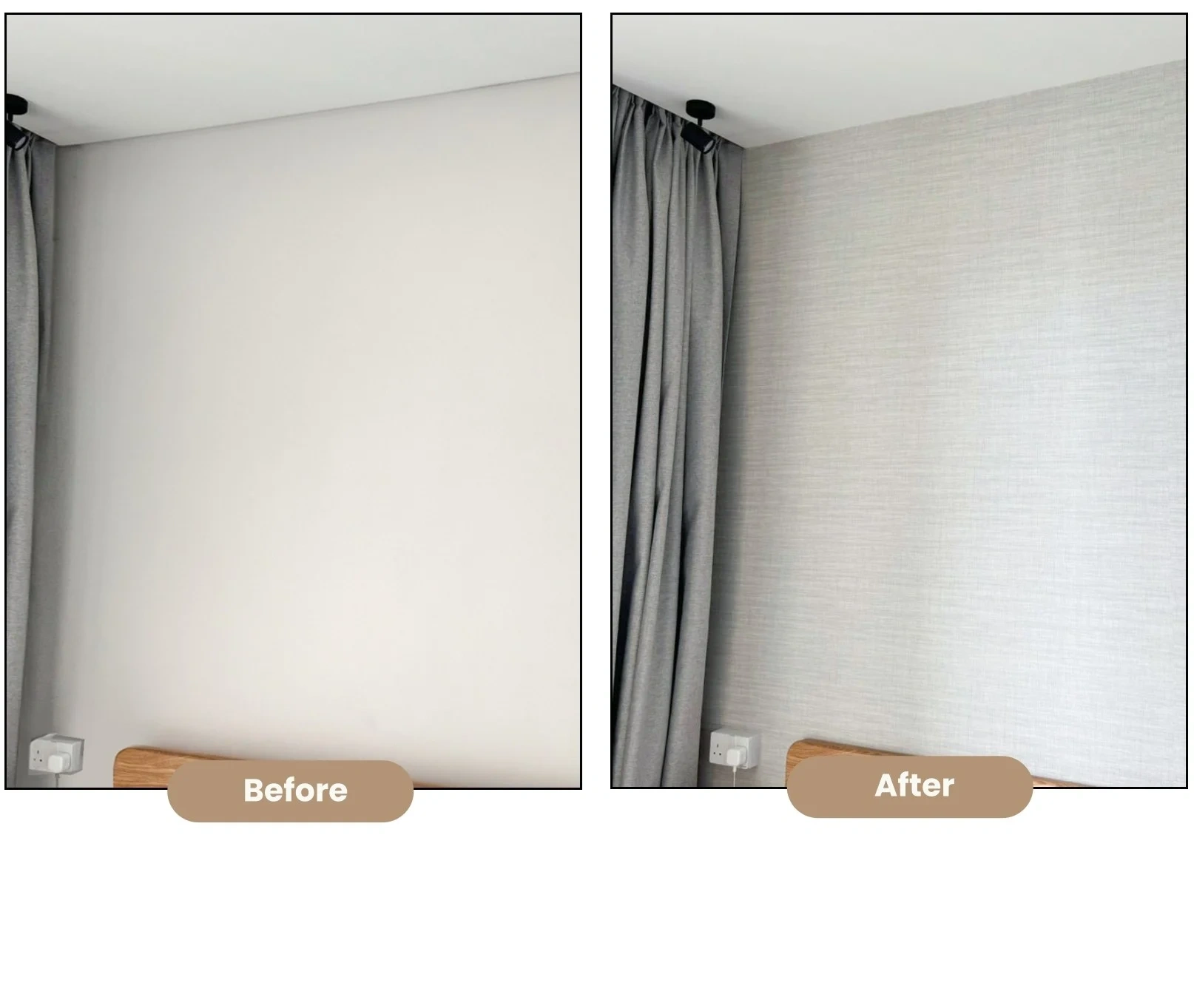 Wall with curtains: Before after textured wallpaper